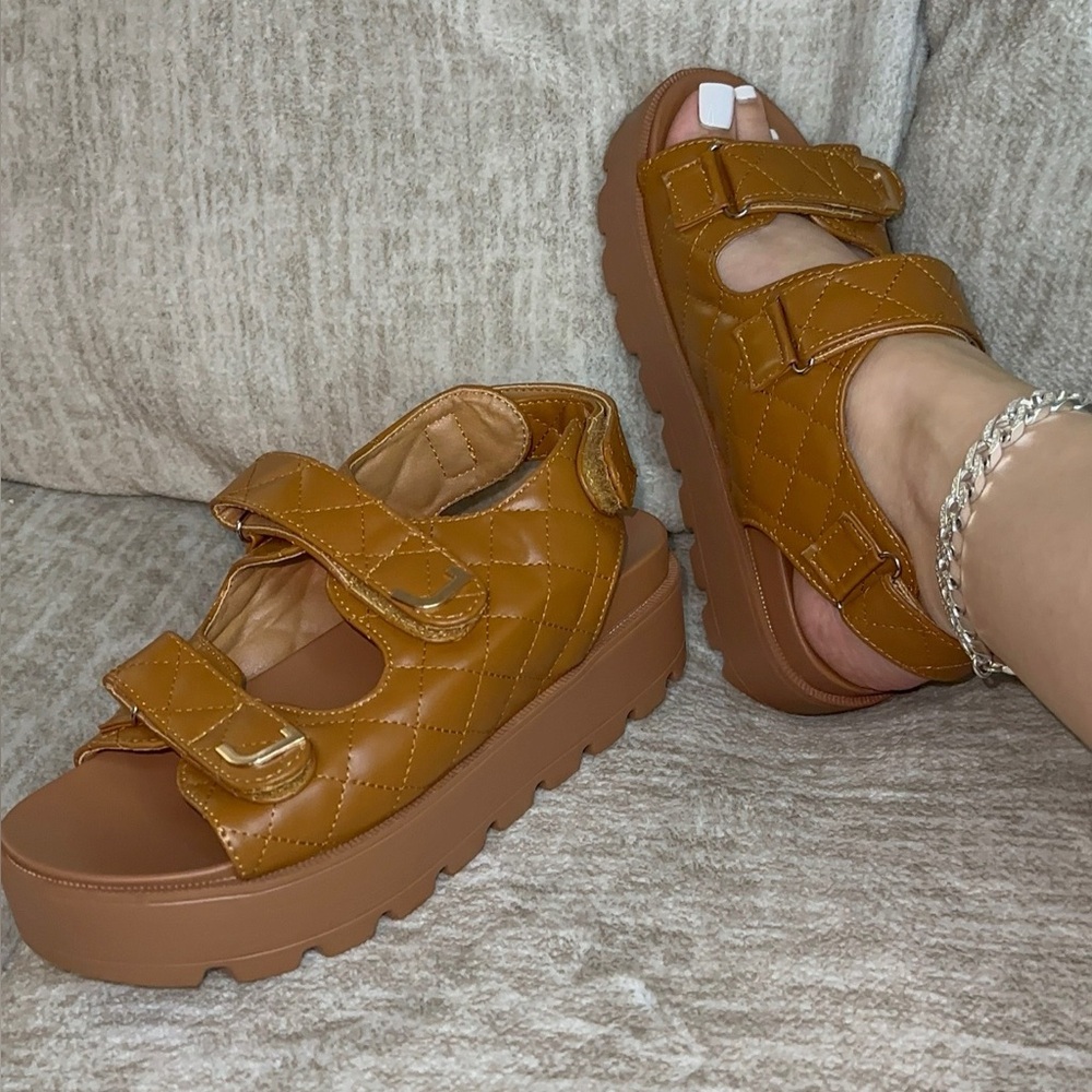 Brown Quilted Chunky Platform Velcro Sandals sizes 6, 7, 8, 9, 10, 11